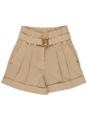Balmain Kids Belt Waisted Turn-Up Hem Shorts