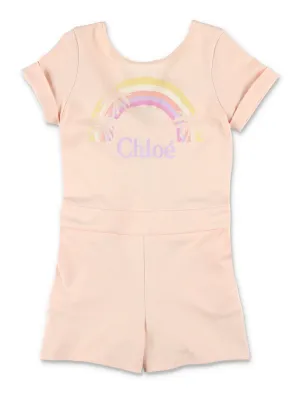 Chlo Kids Rainbow Logo Printed Short Sleeved Jumpsuit