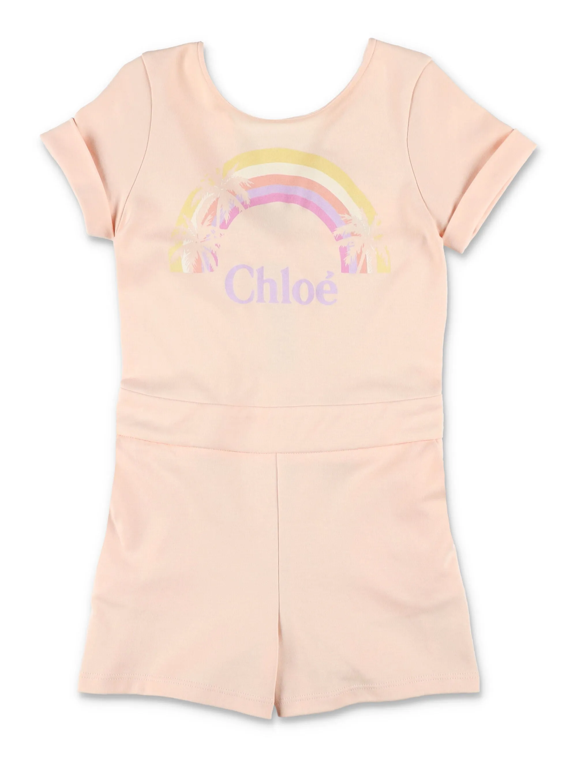 Chlo Kids Rainbow Logo Printed Short Sleeved Jumpsuit