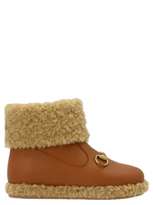 Gucci Kids Horsebit Shearling Trim Ankle Boots