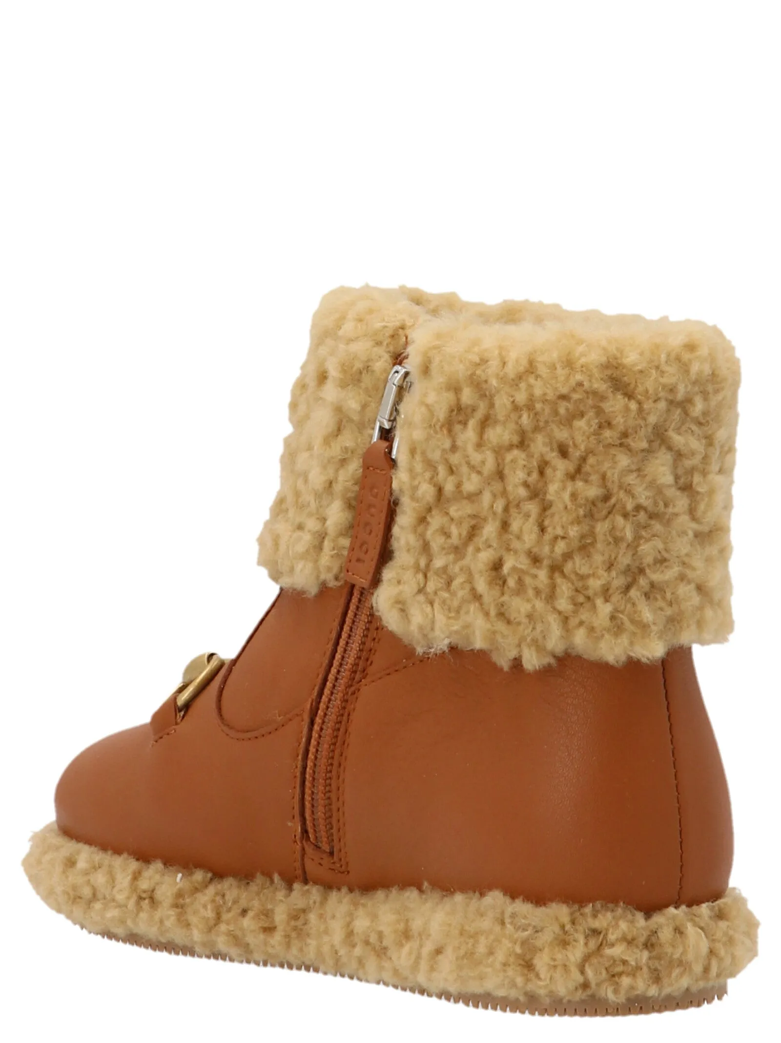 Gucci Kids Horsebit Shearling Trim Ankle Boots