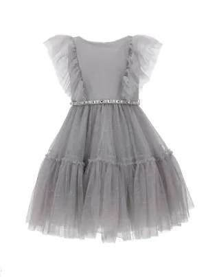 Monnalisa Embellished Belt Ruffled Dress